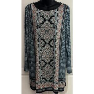 J.Jill Bohemian Tunic Top Blue Floral Paisley Long Sleeve Size M